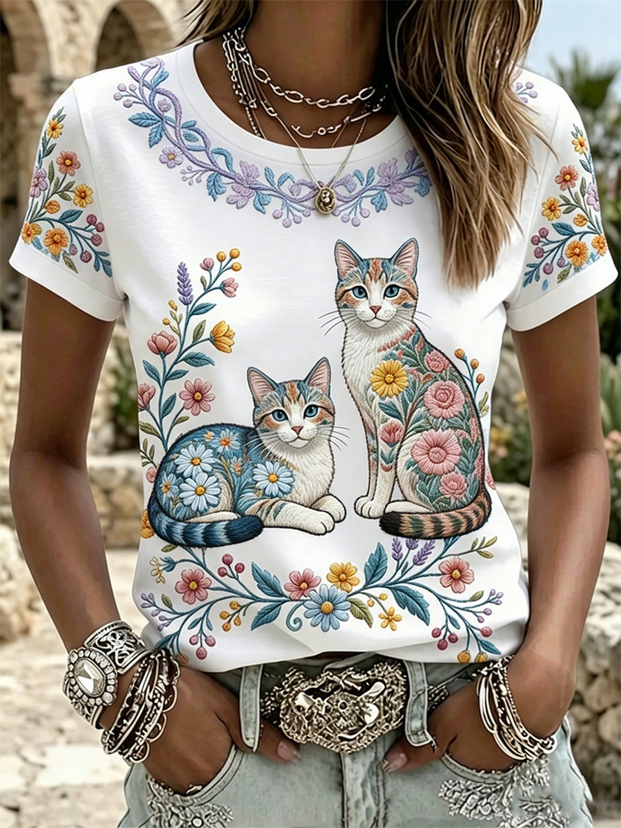 Women's Floral Cats Print Casual Tee gracestitchs