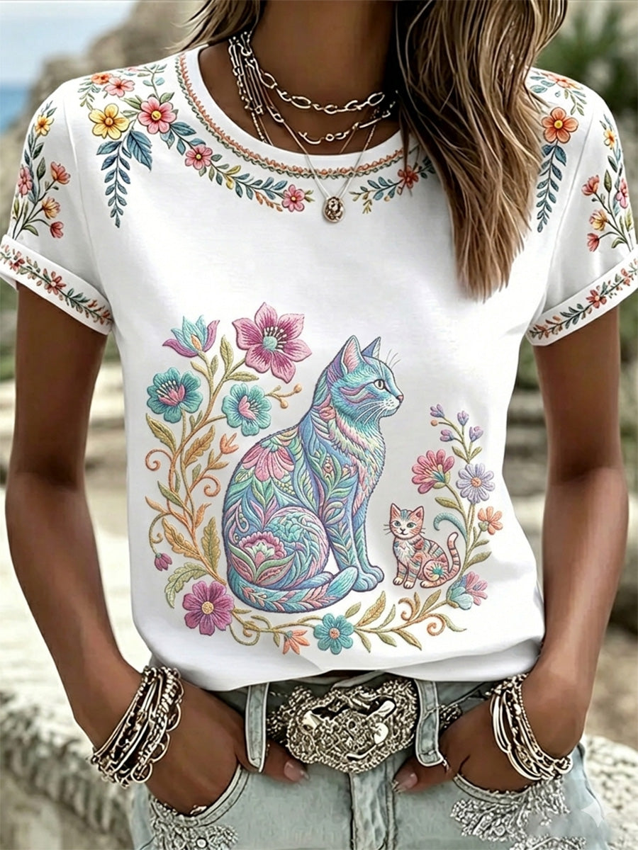 Women's Floral Cats Print Casual Tee gracestitchs