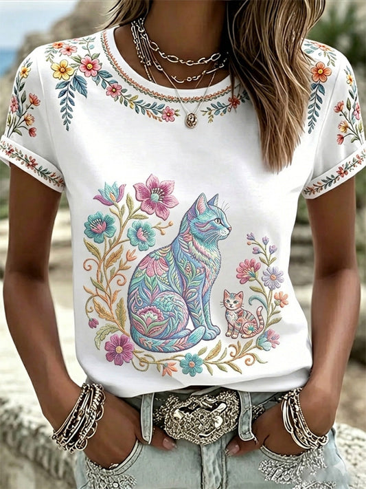 Women's Floral Cats Print Casual Tee gracestitchs