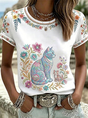 Women's Floral Cats Print Casual Tee gracestitchs