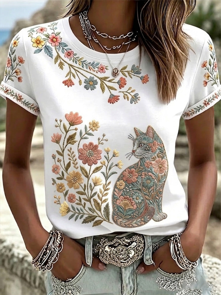 Women's Floral Cats Print Casual Tee gracestitchs