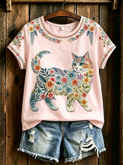 Women's Floral Cats Print Casual Tee gracestitchs