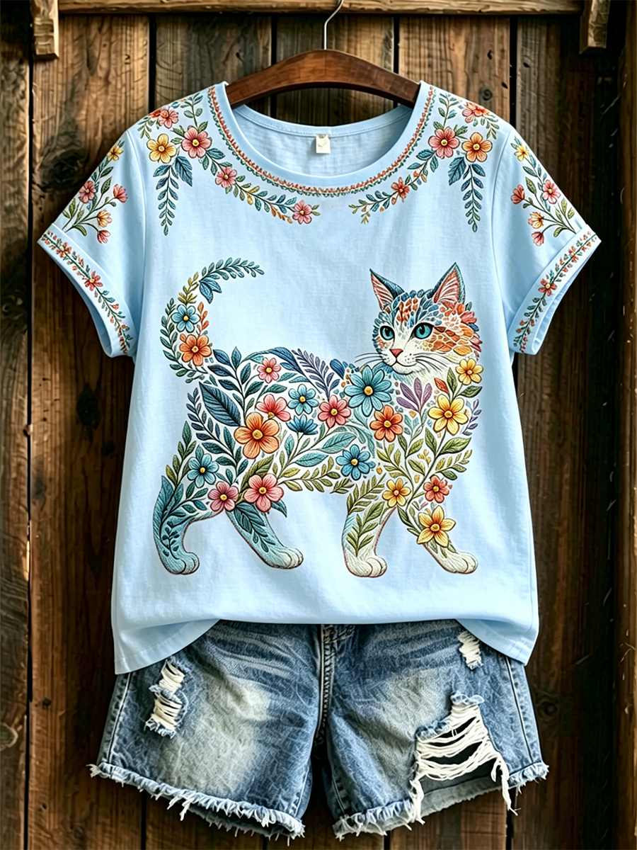 Women's Floral Cats Print Casual Tee gracestitchs