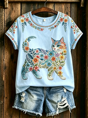 Women's Floral Cats Print Casual Tee gracestitchs
