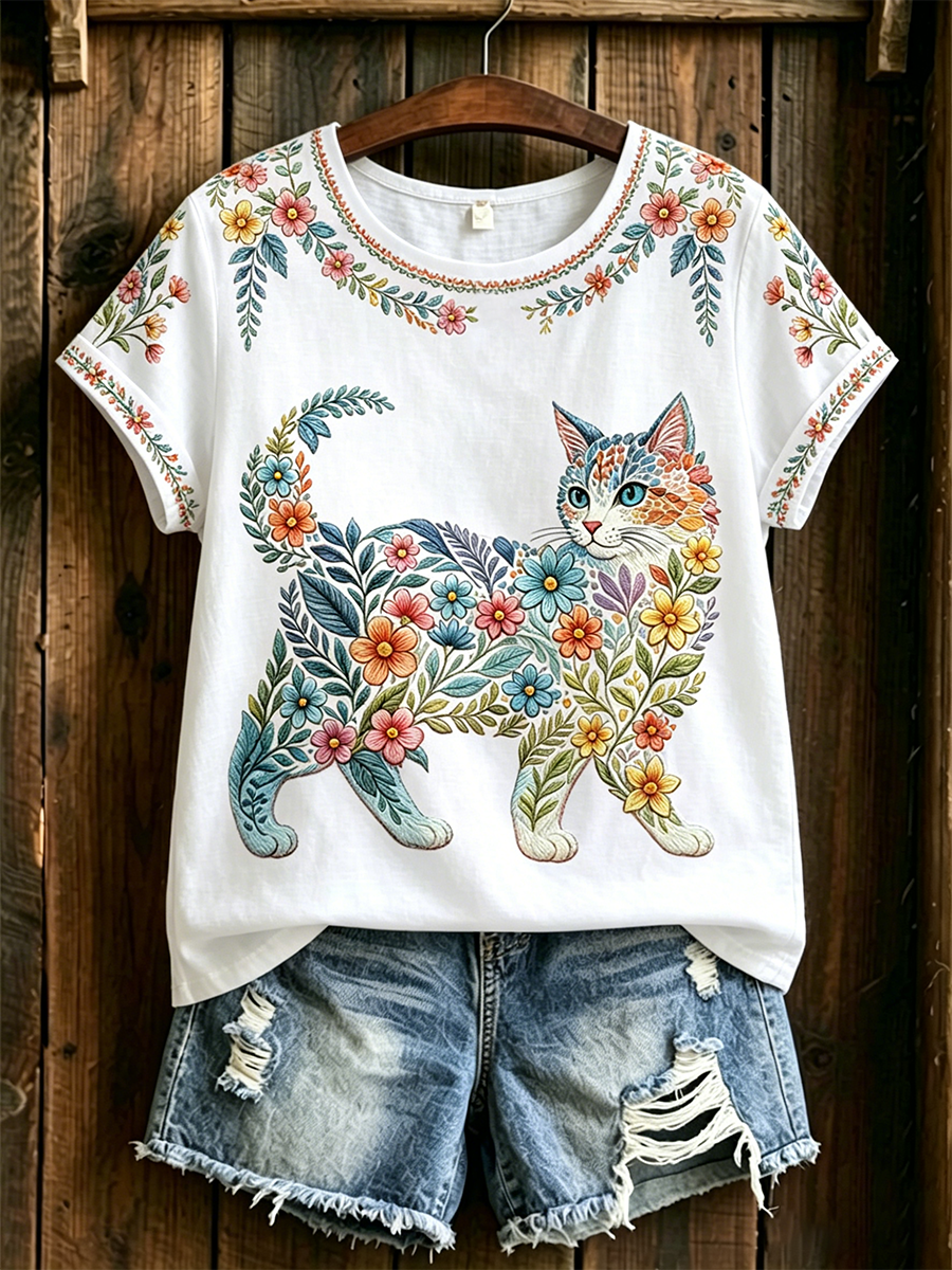 Women's Floral Cats Print Casual Tee gracestitchs