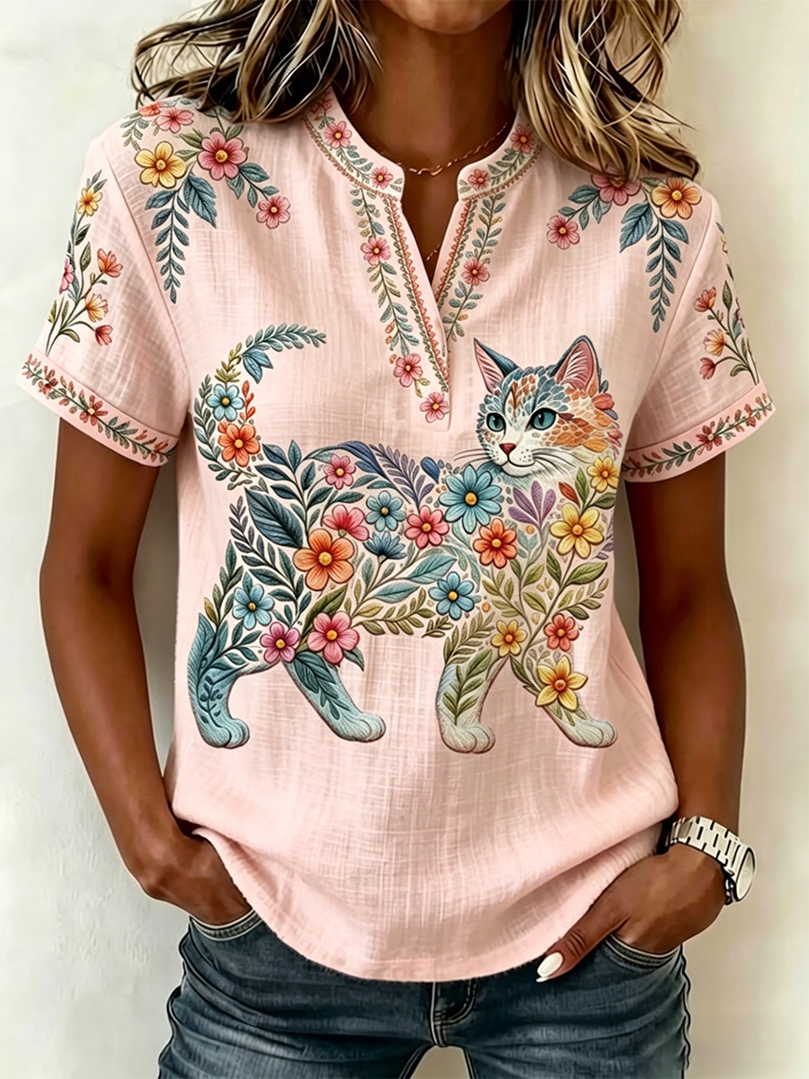 Women's Floral Cats Print Casual V-Neck Top gracestitchs