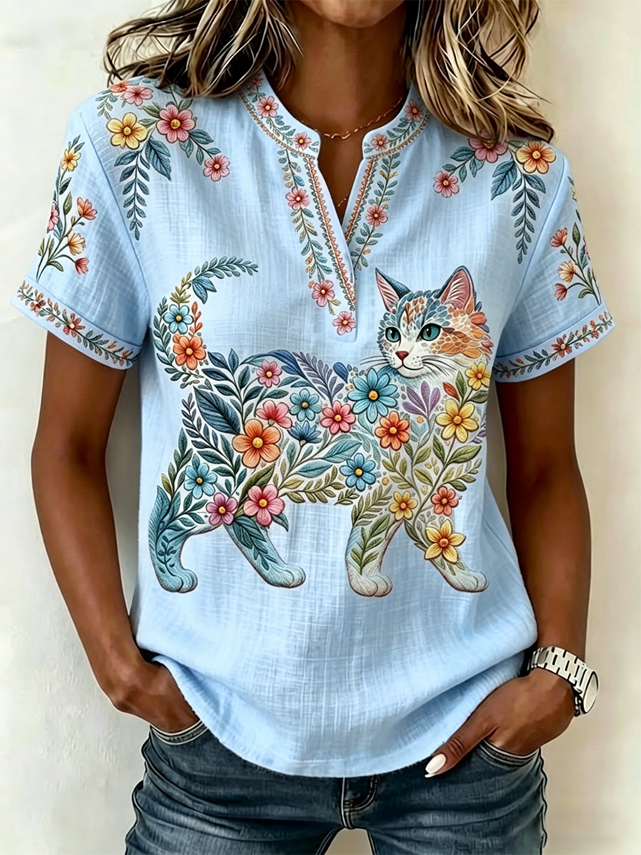 Women's Floral Cats Print Casual V-Neck Top gracestitchs
