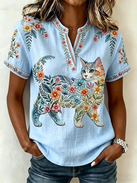 Women's Floral Cats Print Casual V-Neck Top gracestitchs