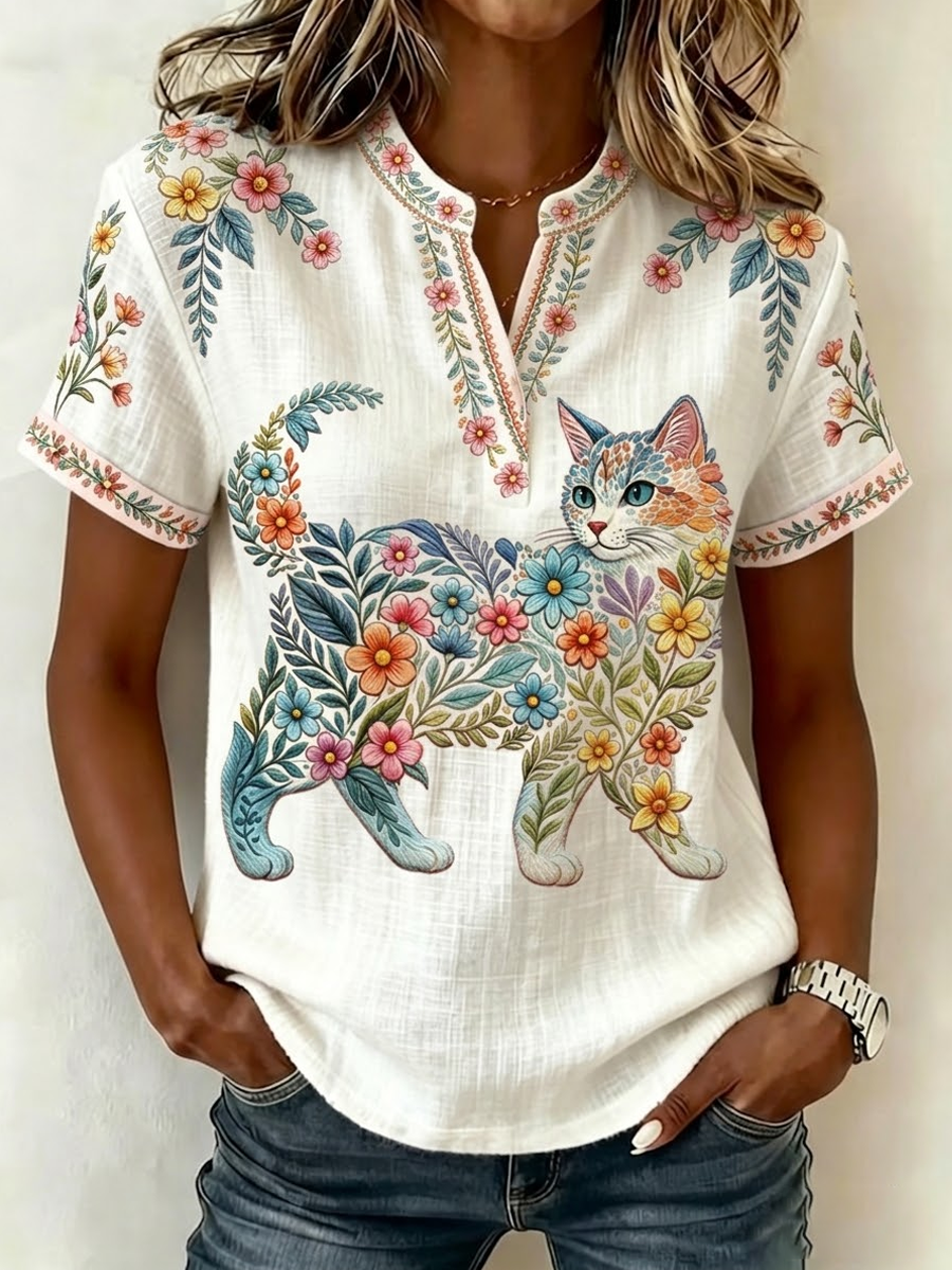 Women's Floral Cats Print Casual V-Neck Top gracestitchs
