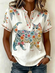 Women's Floral Cats Print Casual V-Neck Top gracestitchs