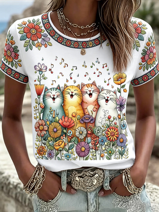 Women's Cute Floral Cats Print Casual Tee gracestitchs