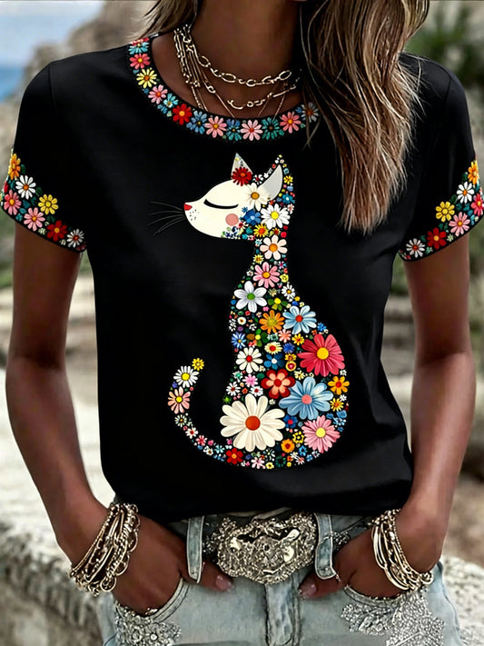 Women's Floral Cat Print Casual Tee gracestitchs