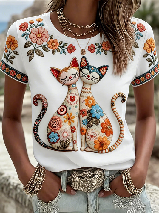 Women's Cute Floral Cats Print Casual Tee gracestitchs