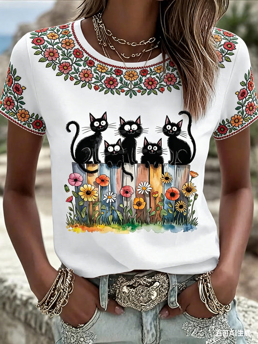 Women's Cute Floral Black Cats Print Casual Tee gracestitchs