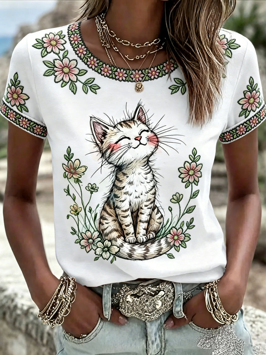 Women's Cute Floral Cat Print Casual Tee gracestitchs