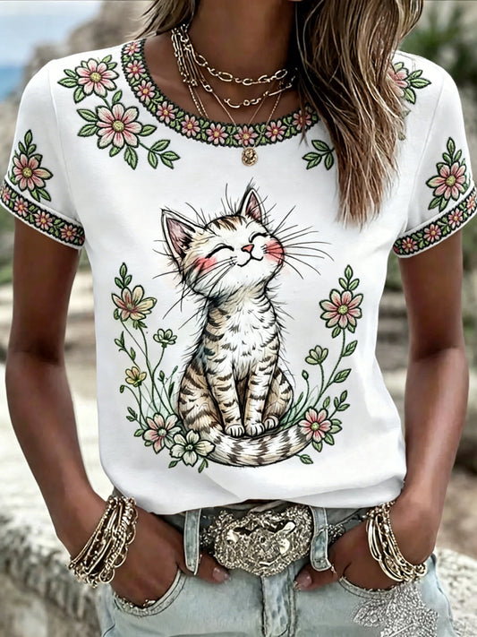 Women's Cute Floral Cat Print Casual Tee gracestitchs