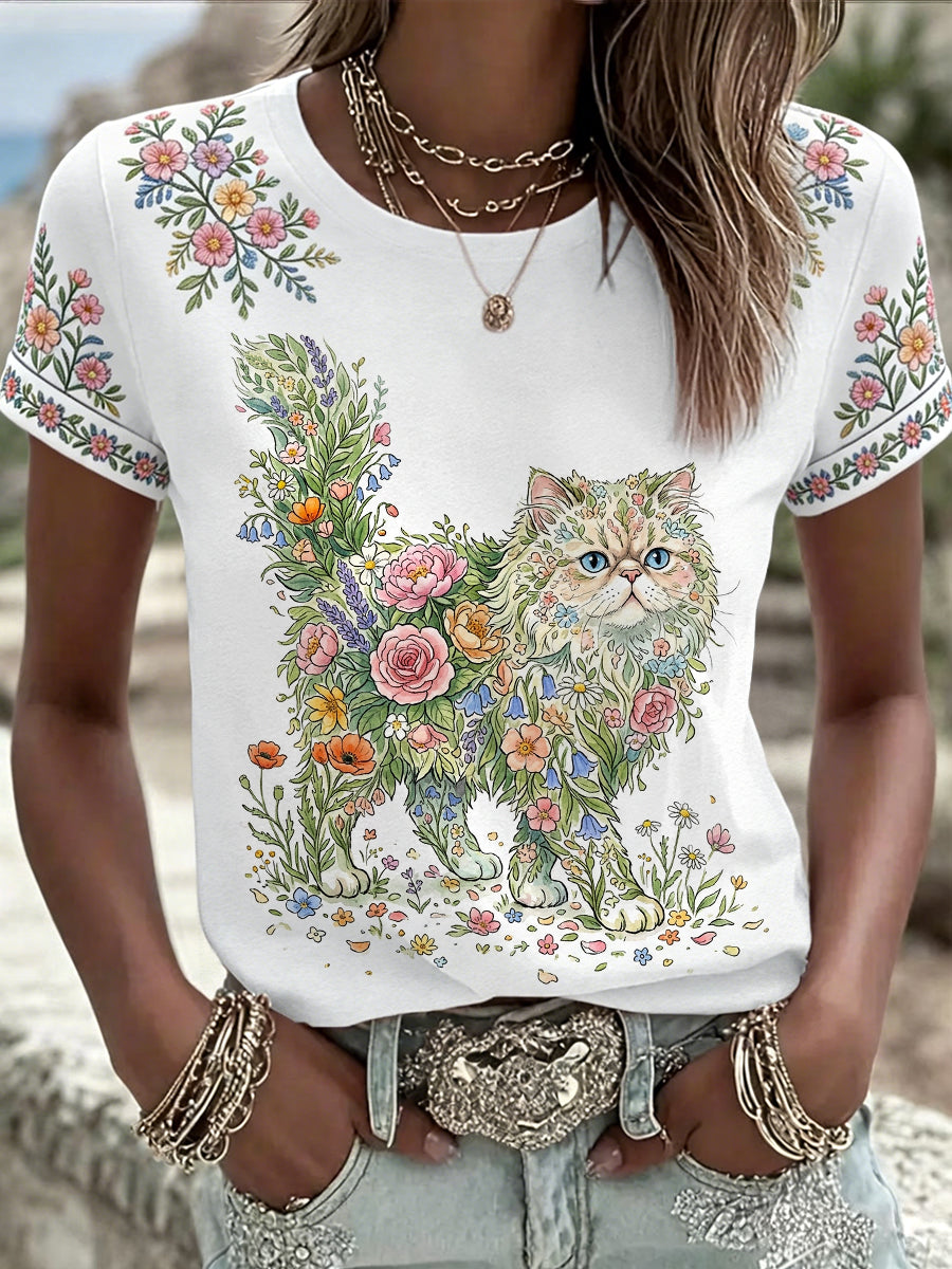 Women's Floral Cat Print Casual Tee gracestitchs