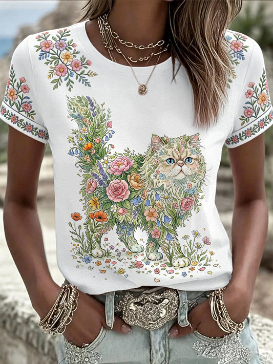Women's Floral Cat Print Casual Tee gracestitchs