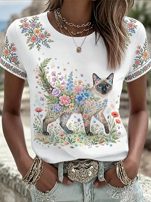 Women's Floral Cat Print Casual Tee gracestitchs