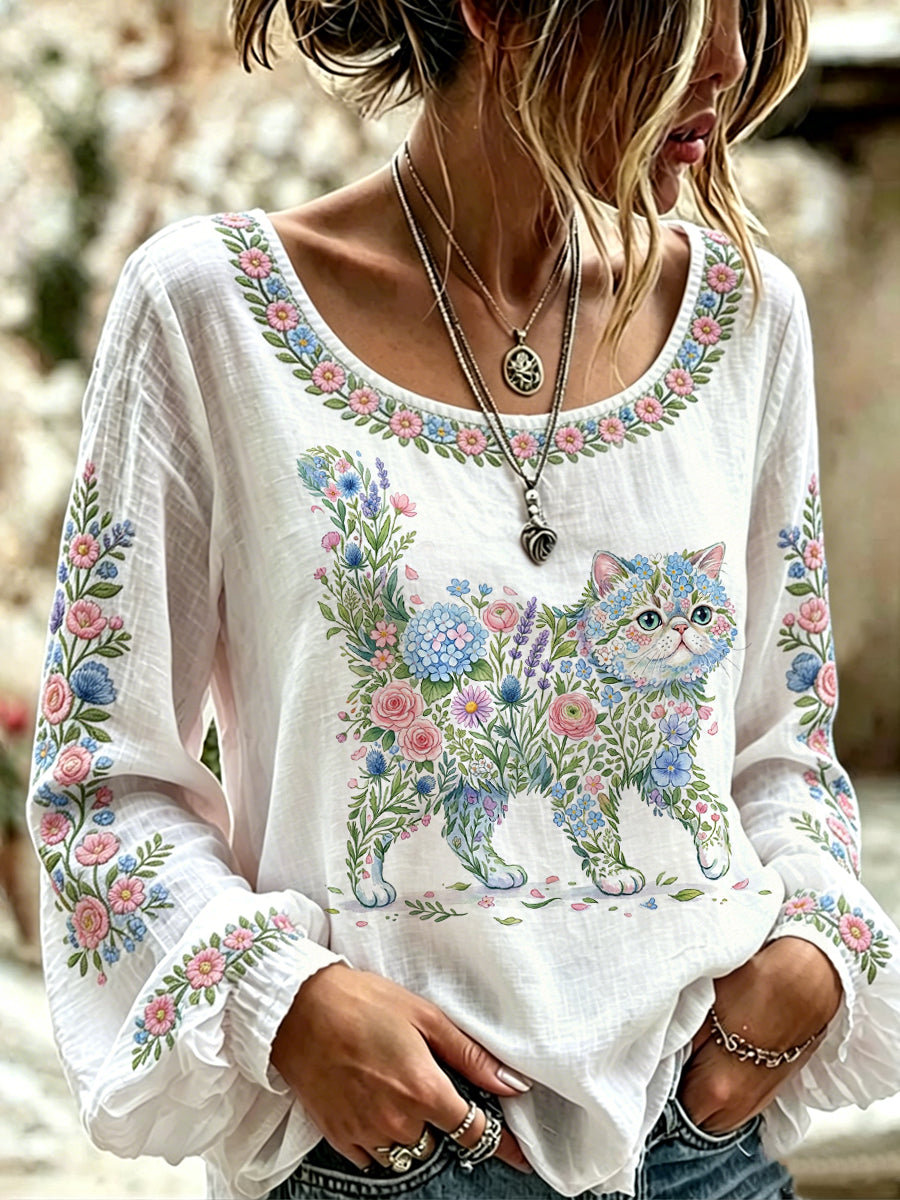 Women's Floral Cat Print Casual Long Sleeve Shirt gracestitchs