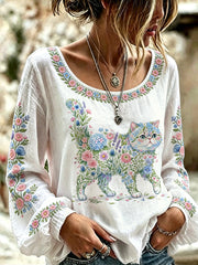 Women's Floral Cat Print Casual Long Sleeve Shirt gracestitchs