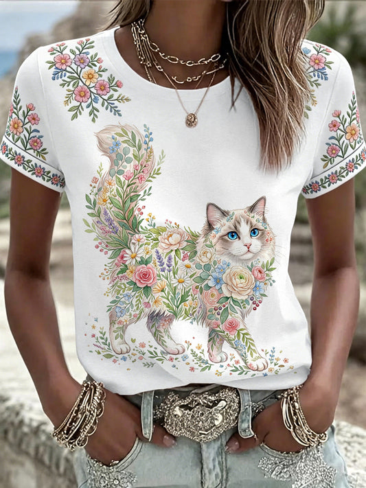 Women's Floral Cat Print Casual Tee gracestitchs