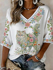 Women's Floral Cat Print Casual Half Sleeve Shirt gracestitchs