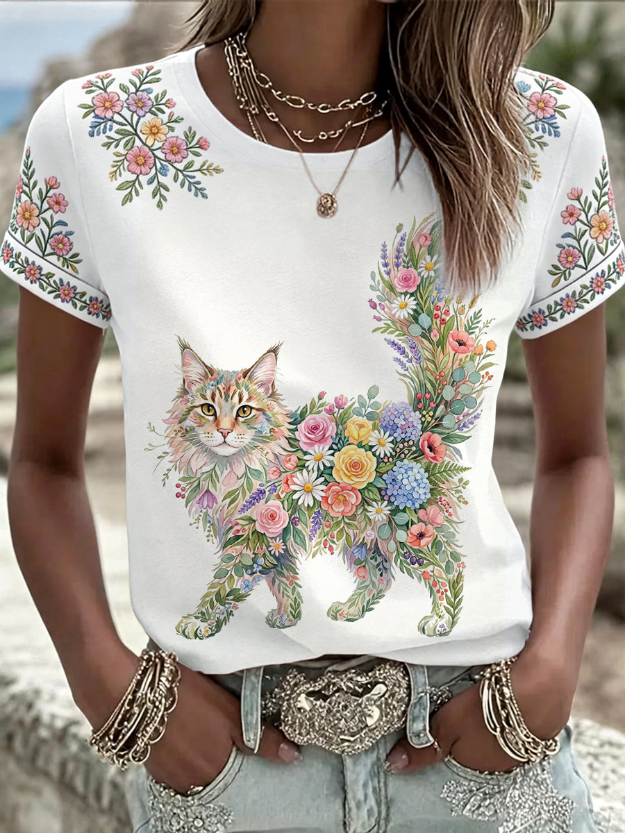 Women's Floral Cat Print Casual Tee gracestitchs