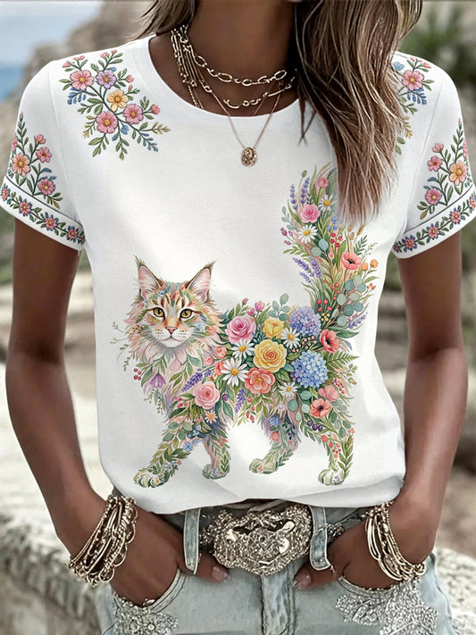 Women's Floral Cat Print Casual Tee gracestitchs