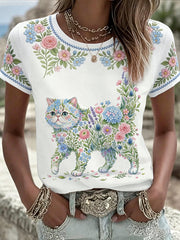 Women's Floral Cat Print Casual Tee gracestitchs