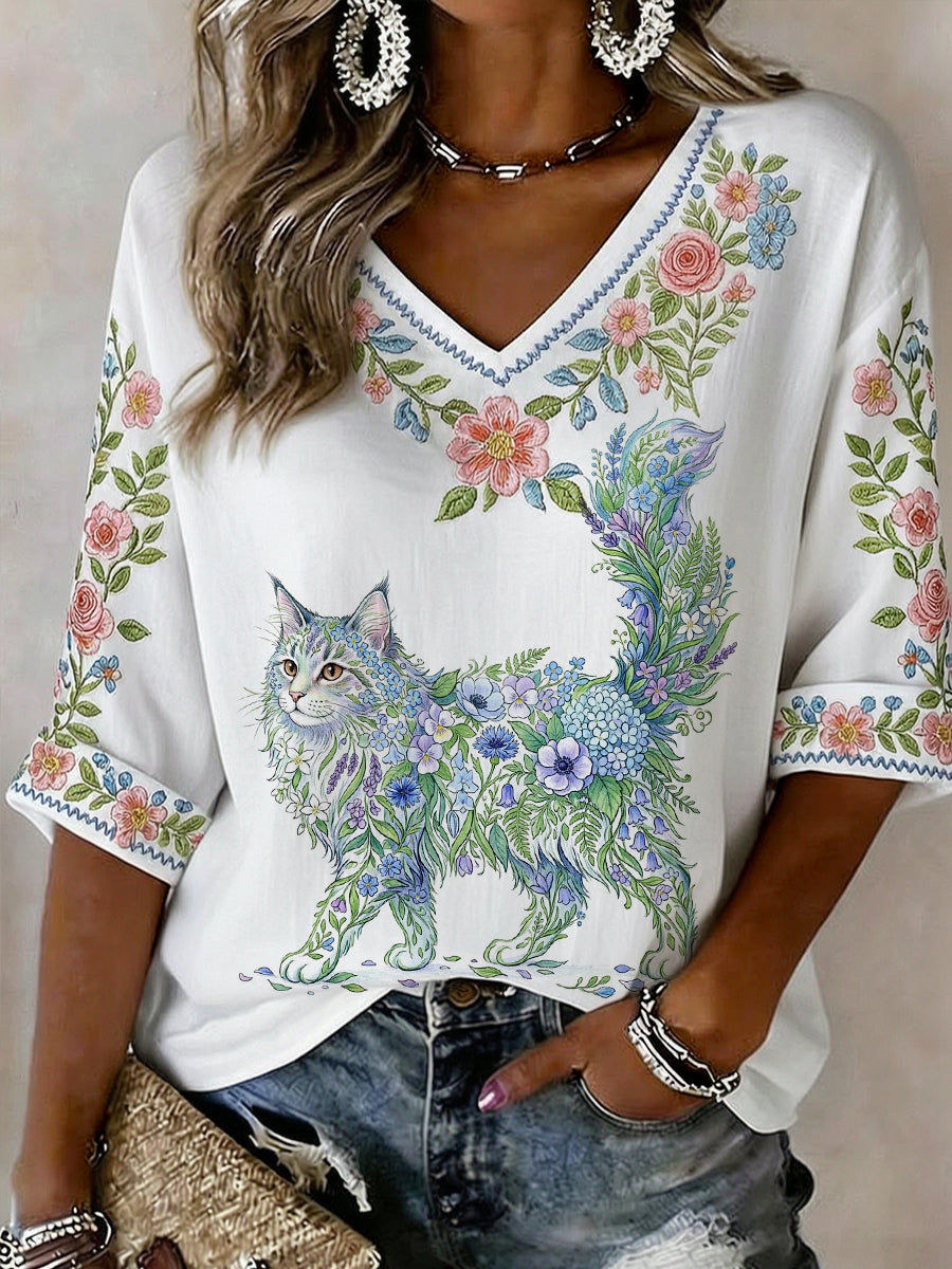 Women's Floral Cat Print Casual Half Sleeve Shirt gracestitchs
