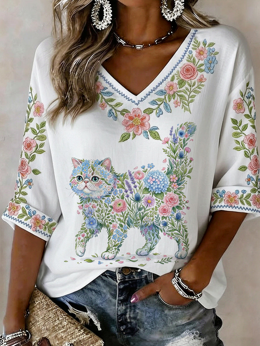 Women's Floral Cat Print Casual Half Sleeve Shirt gracestitchs