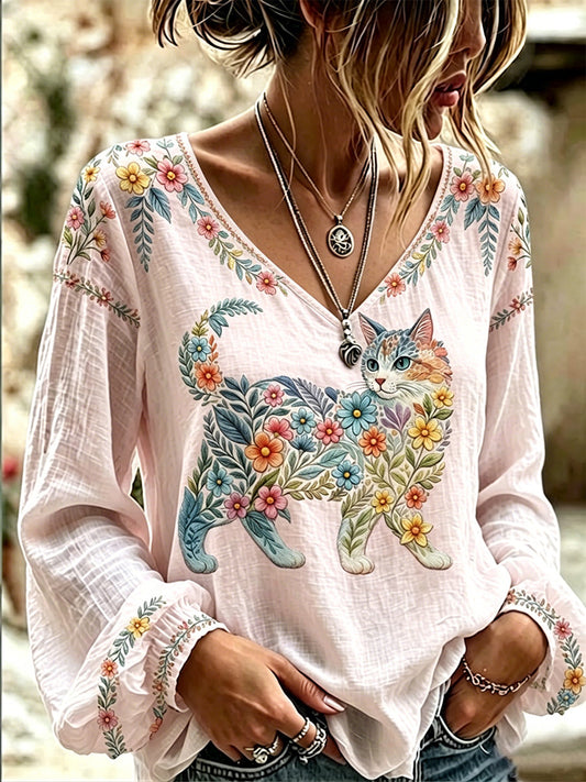 Women's Floral Cats Print Casual Long Sleeve V-Neck Top gracestitchs