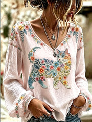 Women's Floral Cats Print Casual Long Sleeve V-Neck Top gracestitchs