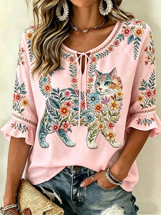 Women's Floral Cats Print Casual Top gracestitchs