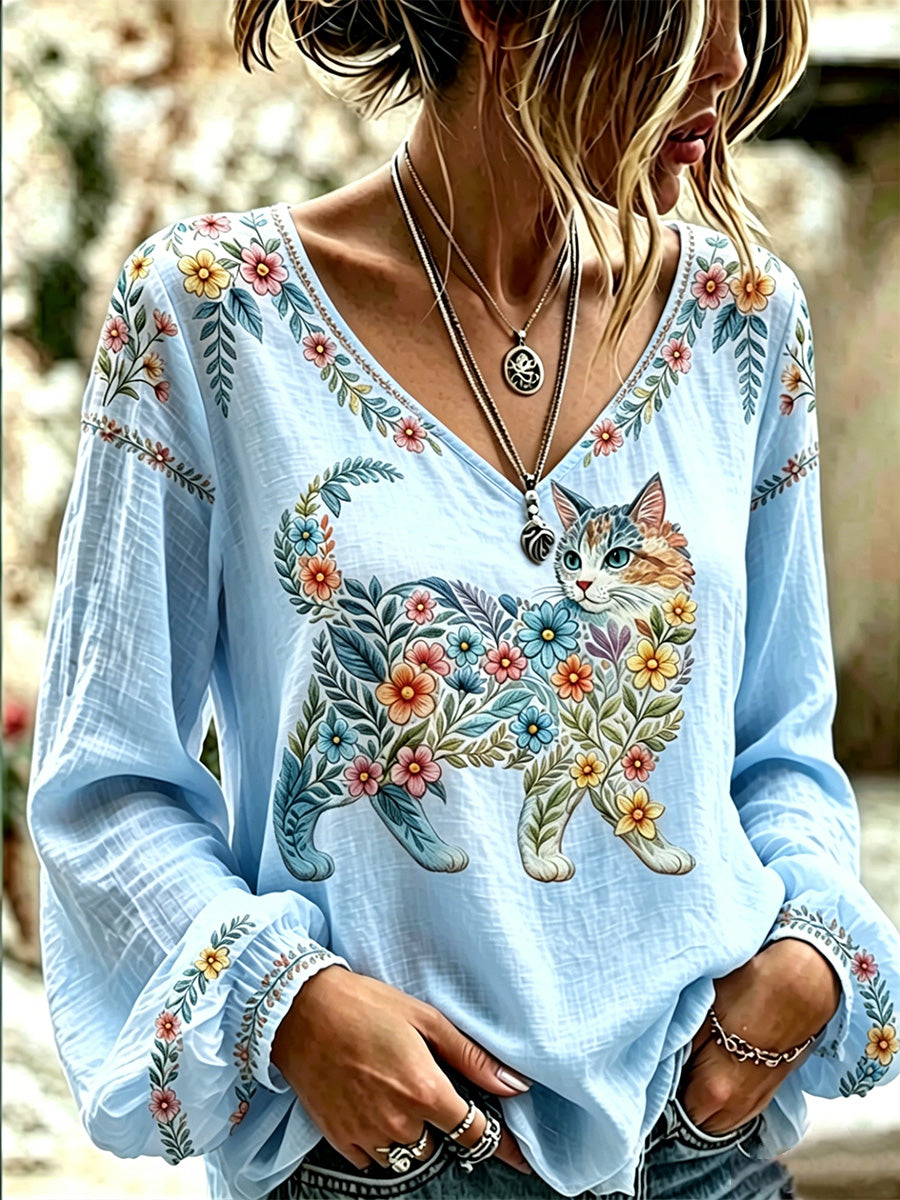 Women's Floral Cats Print Casual Long Sleeve V-Neck Top gracestitchs