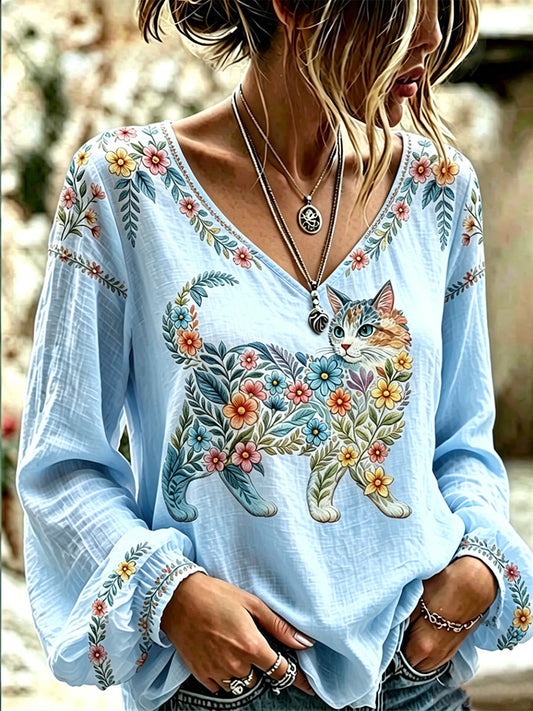 Women's Floral Cats Print Casual Long Sleeve V-Neck Top gracestitchs