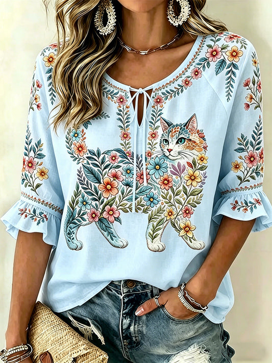 Women's Floral Cats Print Casual Top gracestitchs