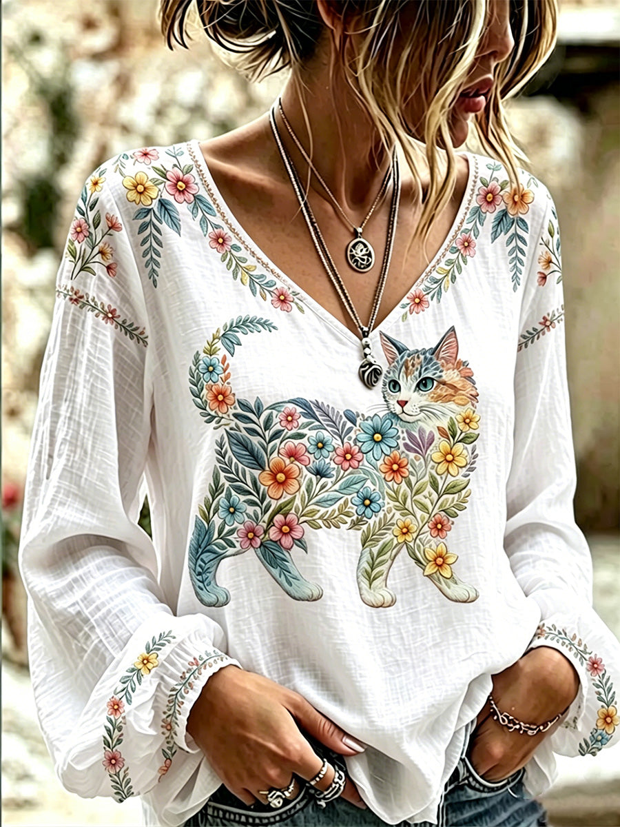 Women's Floral Cats Print Casual Long Sleeve V-Neck Top gracestitchs