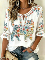 Women's Floral Cats Print Casual Top gracestitchs