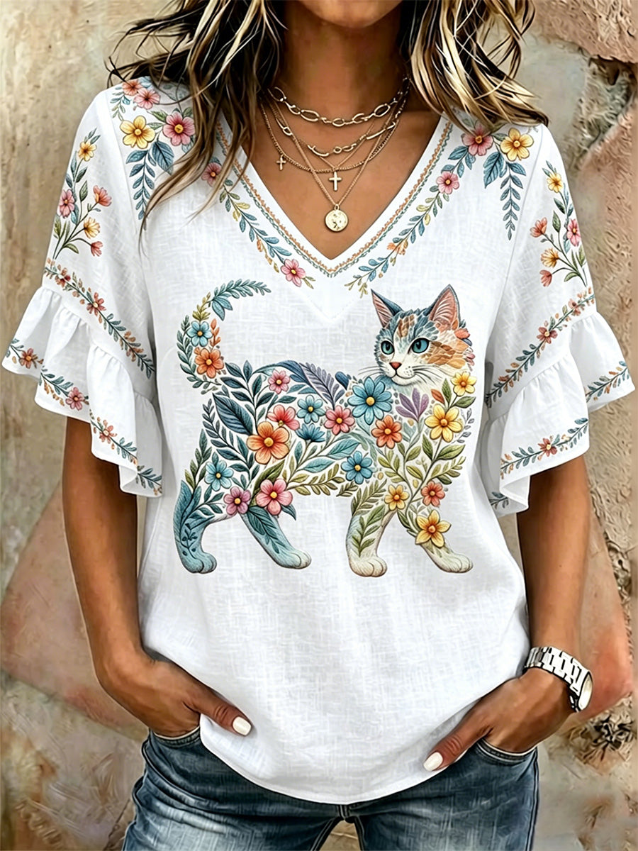 Women's Floral Cats Print Casual V-Neck Top gracestitchs