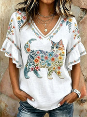 Women's Floral Cats Print Casual V-Neck Top gracestitchs