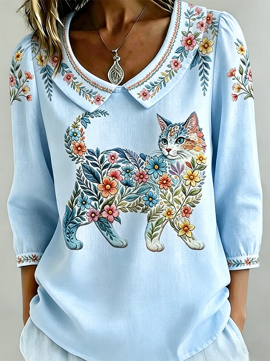 Women's Floral Cats Print Casual Top gracestitchs