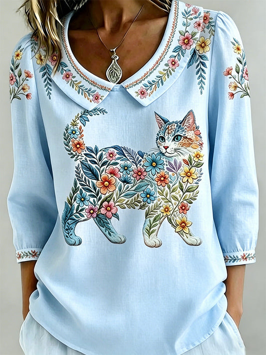 Women's Floral Cats Print Casual Top gracestitchs