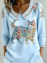 Women's Floral Cats Print Casual Top gracestitchs