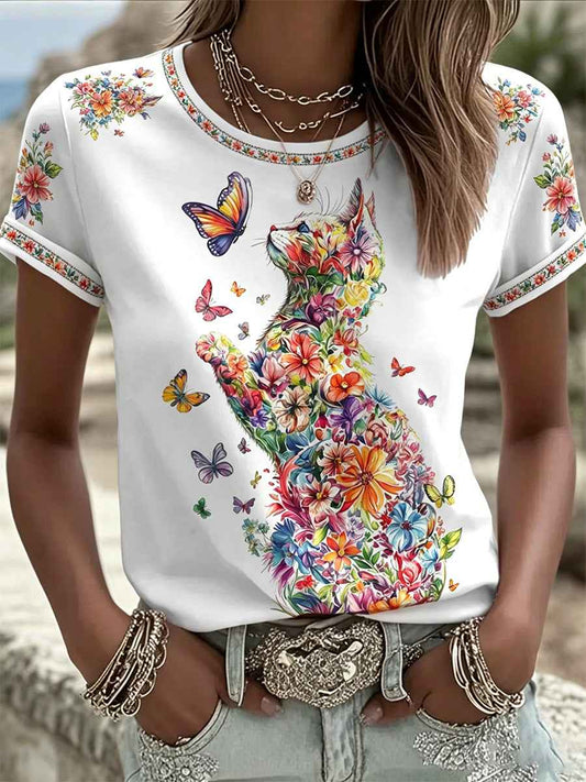 Women's Floral Cats Print Casual Tee