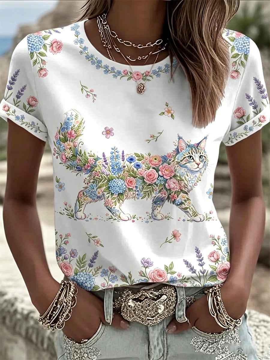 Women's Floral Cats Print Casual Tee