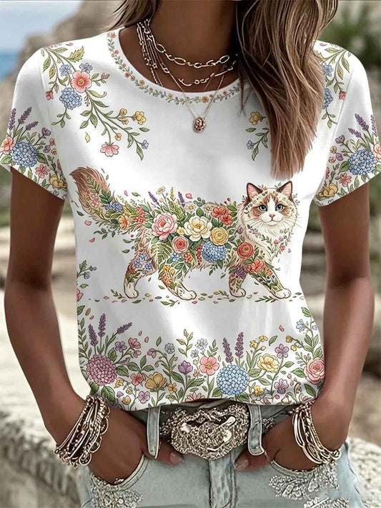 Women's Floral Cats Print Casual Tee