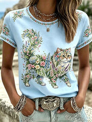 Women's Floral Cats Print Casual Tee