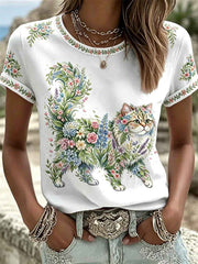 Women's Floral Cats Print Casual Tee